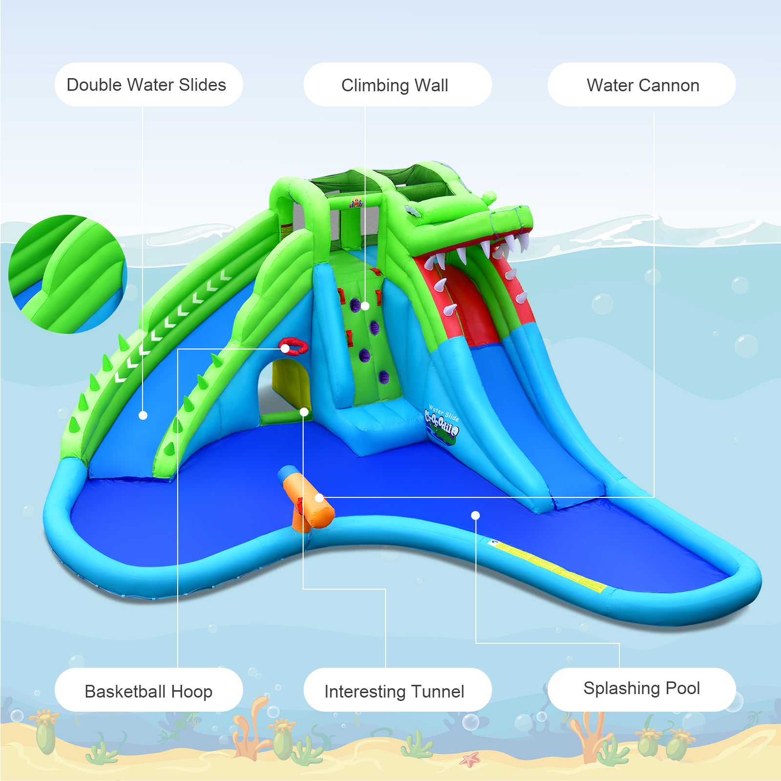 Inflatable Crocodile Style Water Slide Upgraded Kids Bounce Castle with 680W Blower Bounce House at Gallery Canada