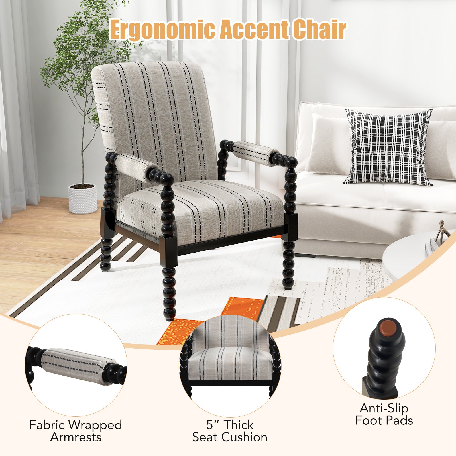 Upholstered Accent Chair with Rubber Wood Frame for Living Room, Beige Accent Chairs at Gallery Canada