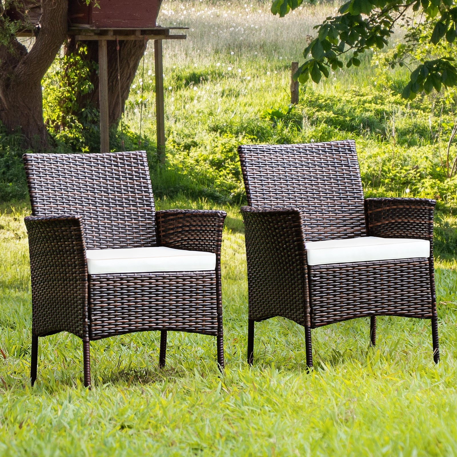 2 Pieces Outdoor PE Rattan Armchairs with Removable Cushions, Brown Patio Dining Chairs at Gallery Canada