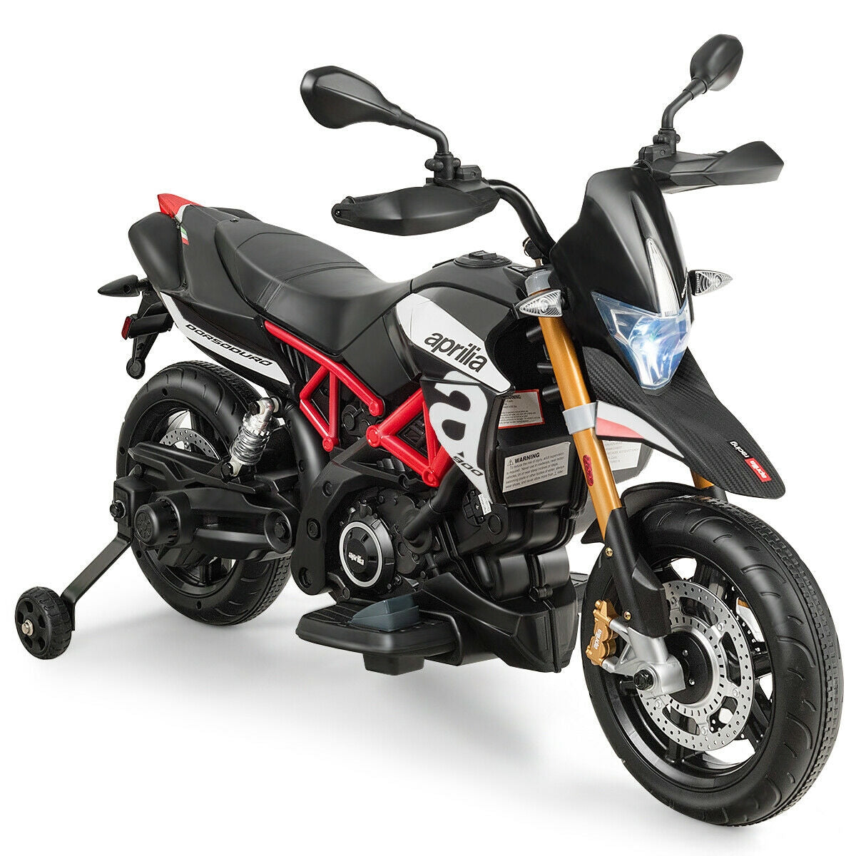 12V Kids Ride-On Motorcycle Aprilia Licensed with Sounds and Music, Black Powered Ride On Toys Black at Gallery Canada