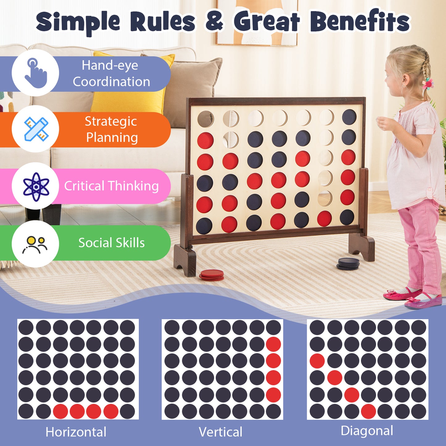 Wooden4-in-a-row Game Set with 42 PCS Chips and 600D Oxford Fabric Carrying Bag, Brown Lawn Games at Gallery Canada