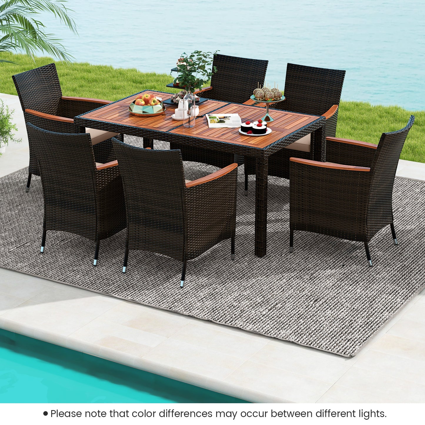 7 Pieces Garden Dining Patio Rattan Set with Cushions for Backyard, Brown Patio Dining Sets at Gallery Canada