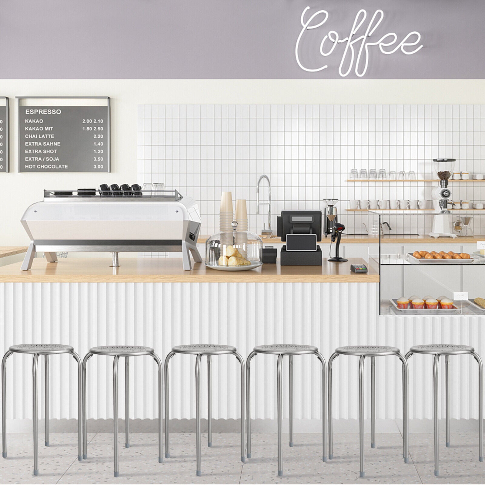 6-Pack Stackable Multifunctional Daisy Design Backless Round Metal Stool Set-Grey, Gray Dining Chairs at Gallery Canada