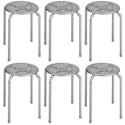 6-Pack Stackable Round Metal Stool Set, Daisy Design, Backless, Grey