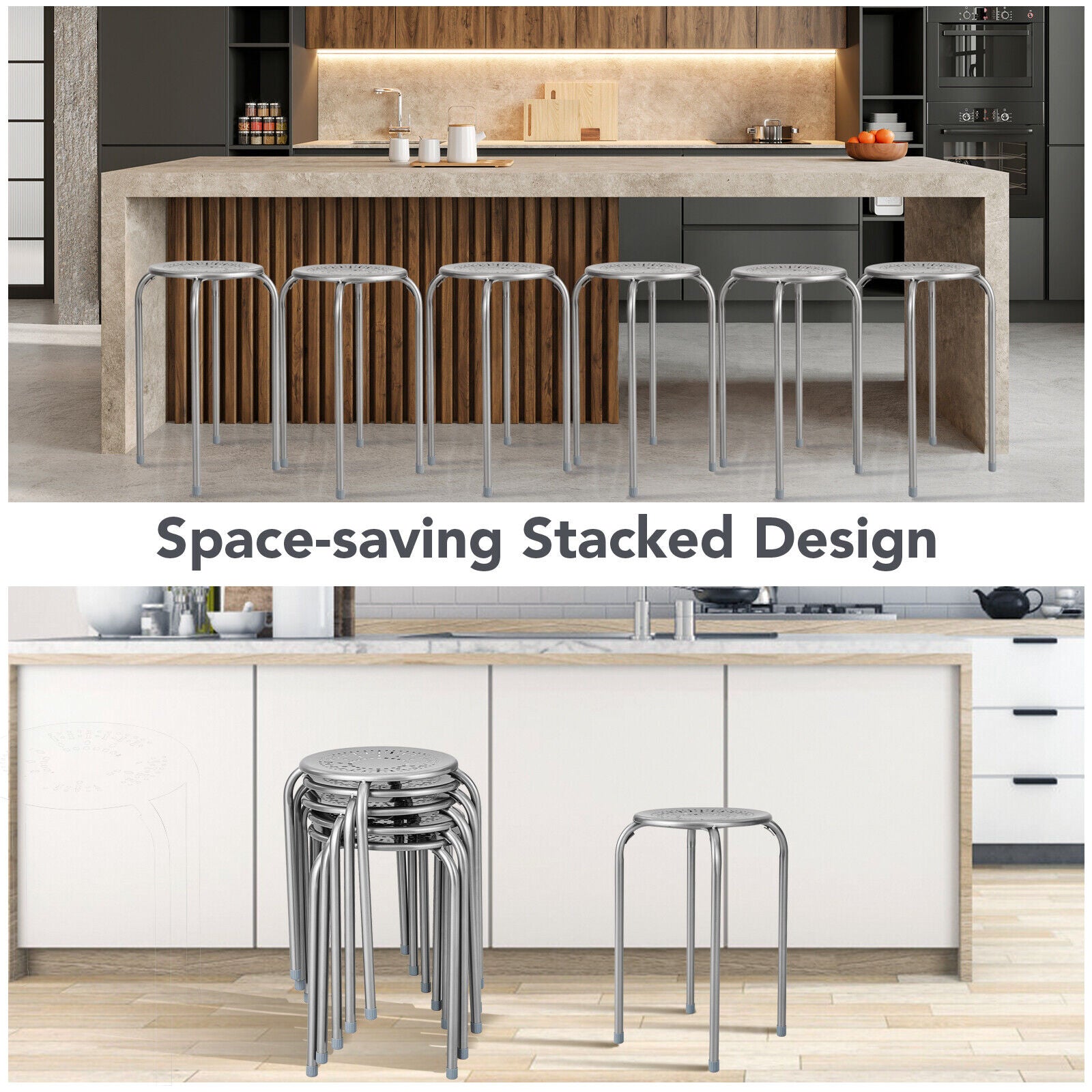 6-Pack Stackable Multifunctional Daisy Design Backless Round Metal Stool Set-Grey, Gray Dining Chairs at Gallery Canada