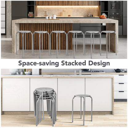 6-Pack Stackable Multifunctional Daisy Design Backless Round Metal Stool Set-Grey, Gray Dining Chairs at Gallery Canada