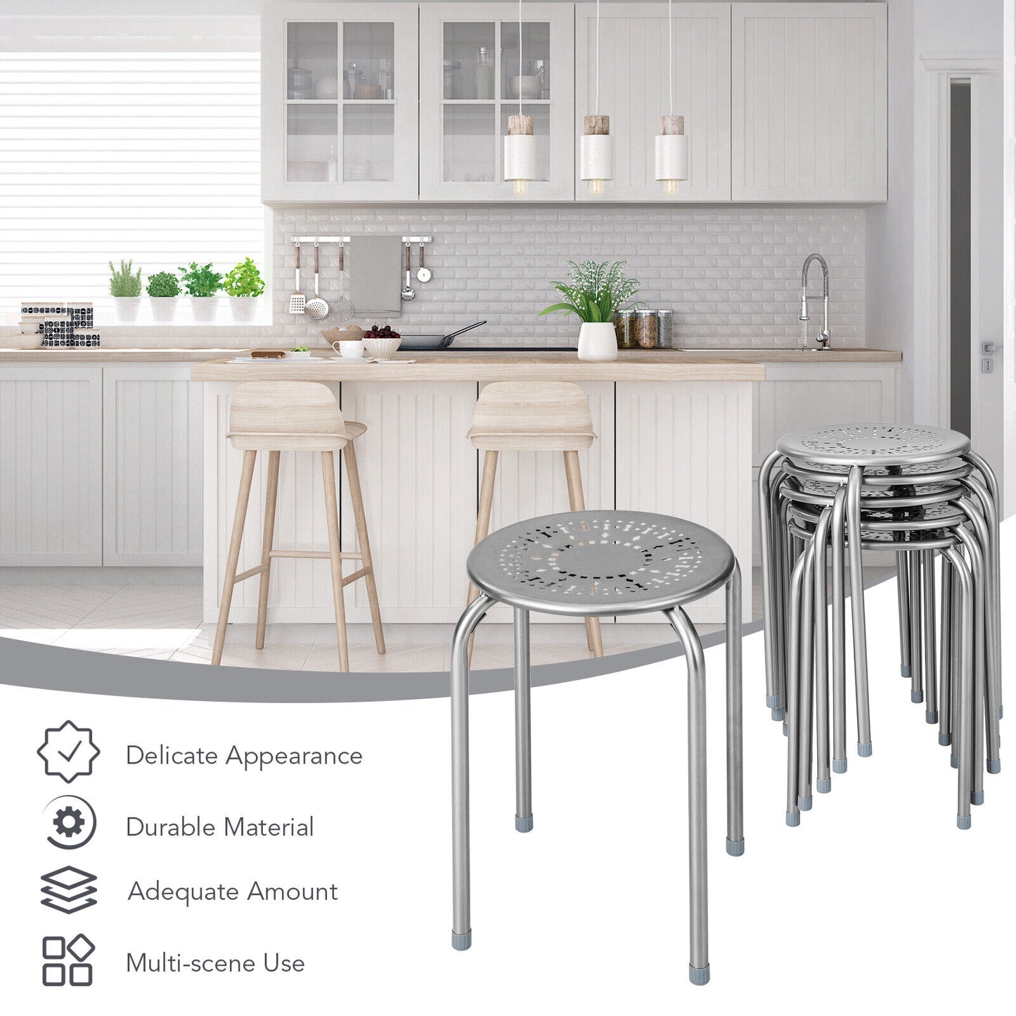6-Pack Stackable Multifunctional Daisy Design Backless Round Metal Stool Set-Grey, Gray Dining Chairs at Gallery Canada