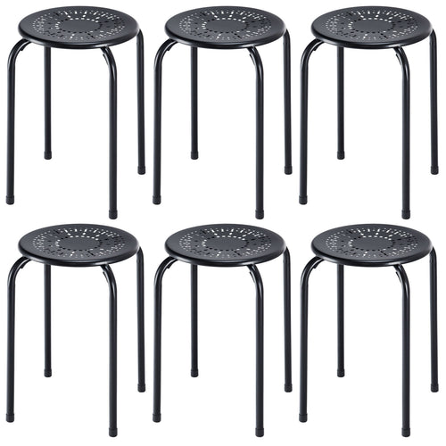 Set Of 6 Stackable Daisy Design Round Metal Stool, Black