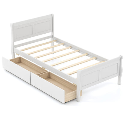 Twin Size Sleigh Bed, 2 Storage Drawers, Wood Platform Frame, White Simple Bed Frame White at Gallery Canada