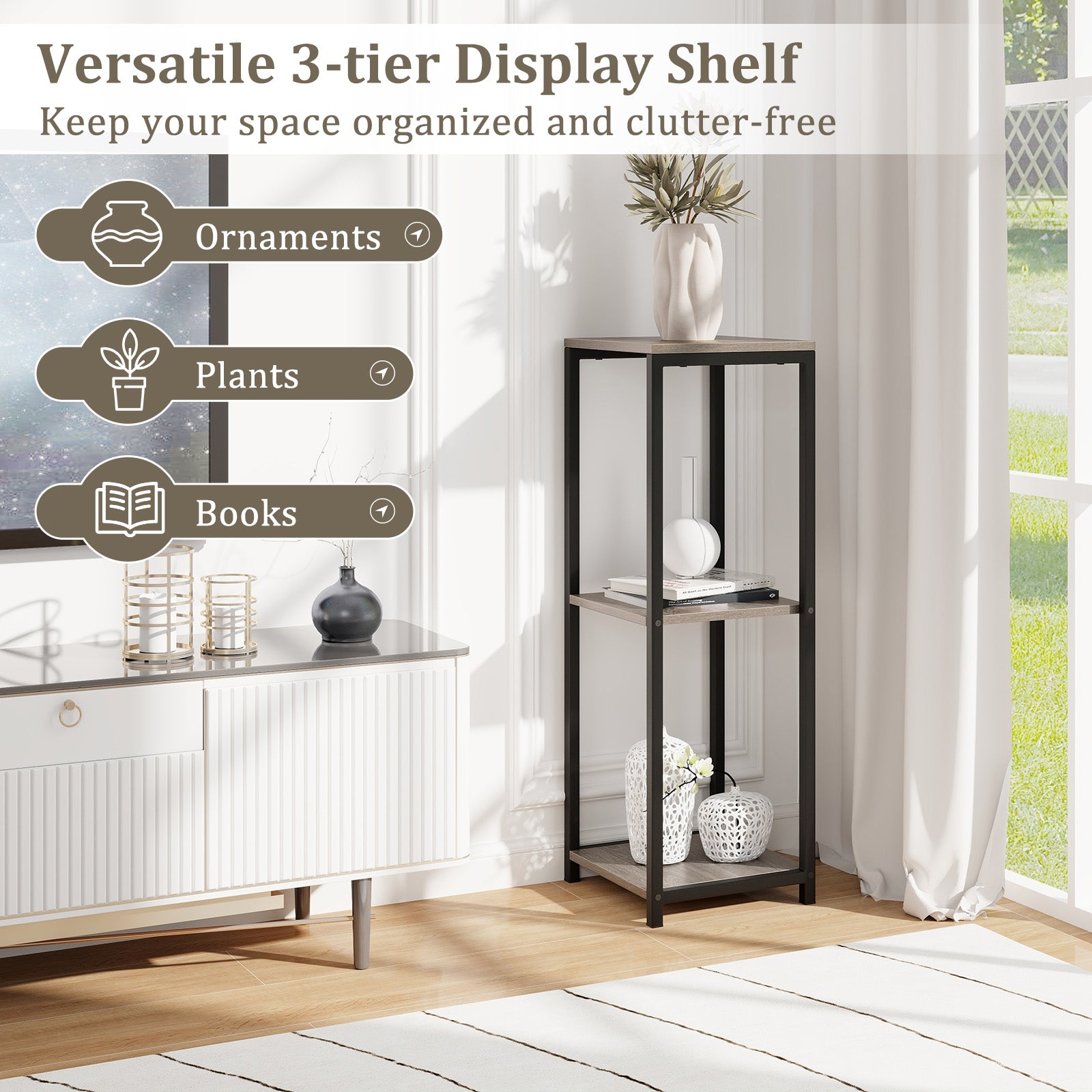 3-Tier Tall Metal Plant Stand Corner Plant Holder with Anti-tipping Device, Black & Gray Plant Stands at Gallery Canada