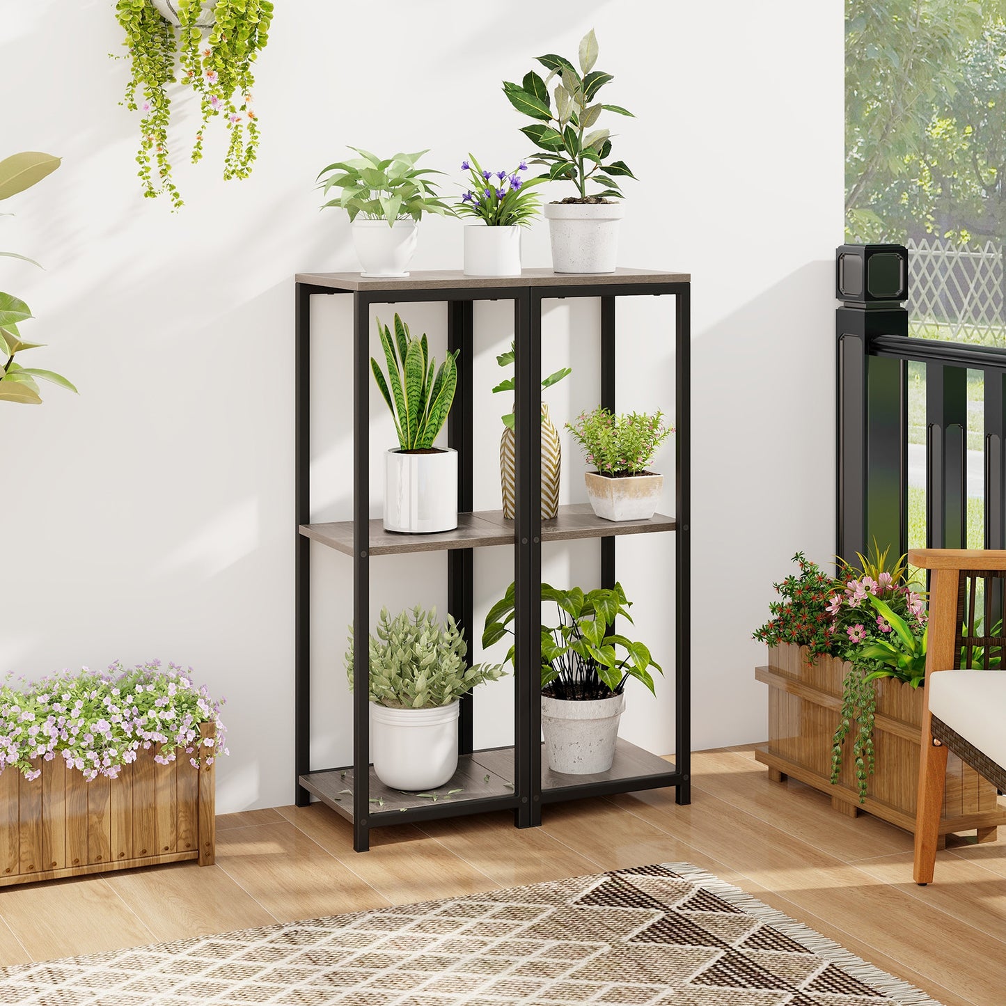 3-Tier Tall Metal Plant Stand Corner Plant Holder with Anti-tipping Device, Black & Gray Plant Stands at Gallery Canada