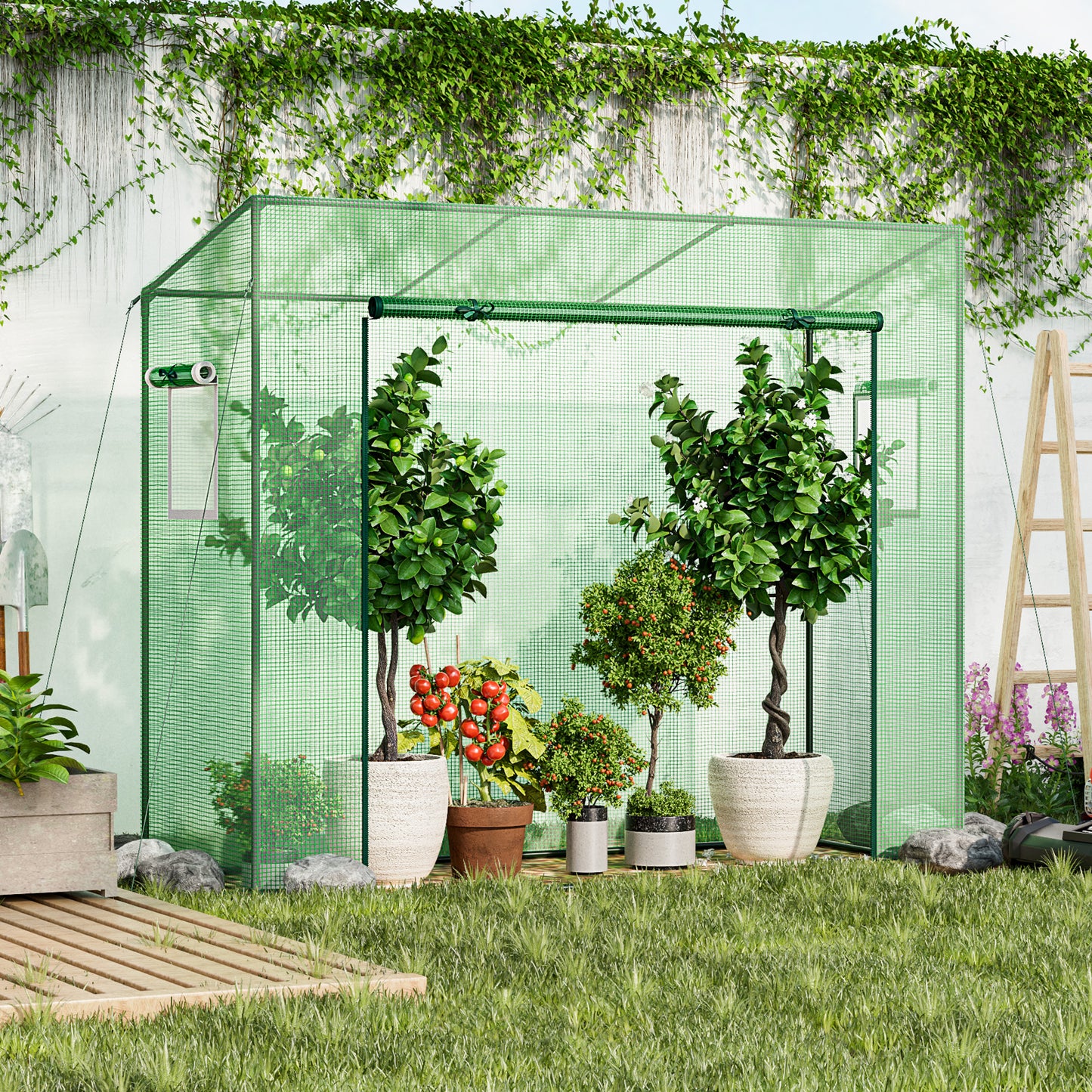 Outdoor Portable Walk-in Greenhouse with PE Cover Heavy-Duty Metal Frame Roll-up Zipper Door, Green Greenhouses at Gallery Canada