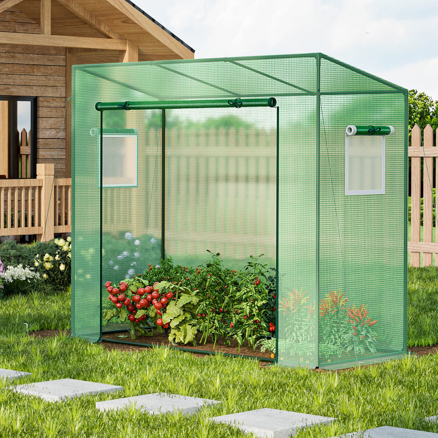 Outdoor Portable Walk-in Greenhouse with PE Cover Heavy-Duty Metal Frame Roll-up Zipper Door, Green Greenhouses at Gallery Canada