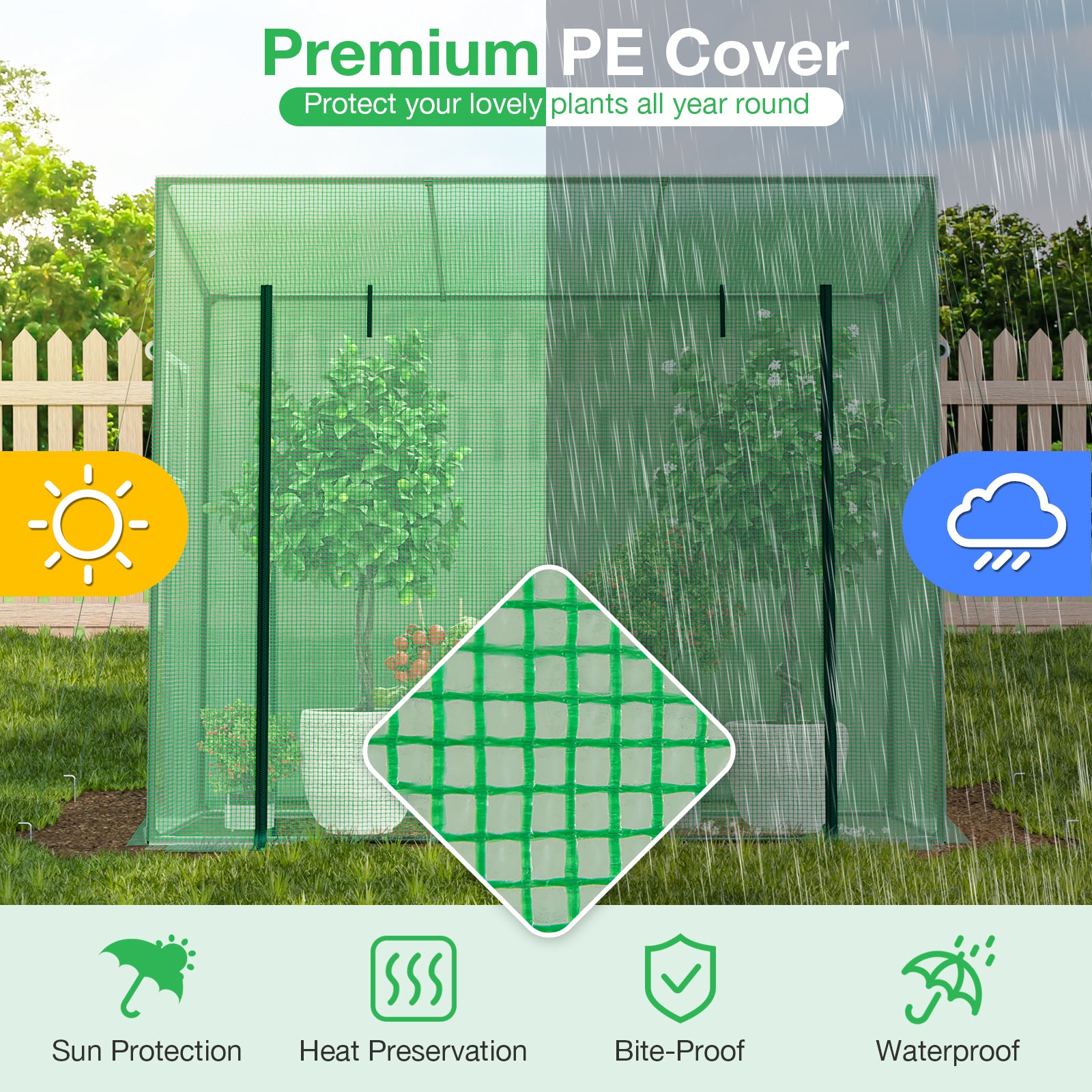 Outdoor Portable Walk-in Greenhouse with PE Cover Heavy-Duty Metal Frame Roll-up Zipper Door, Green Greenhouses at Gallery Canada