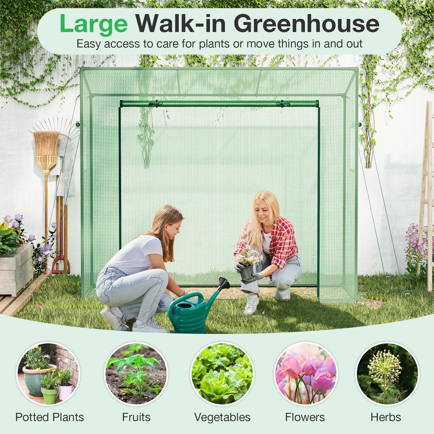 Outdoor Portable Walk-in Greenhouse with PE Cover Heavy-Duty Metal Frame Roll-up Zipper Door, Green Greenhouses at Gallery Canada