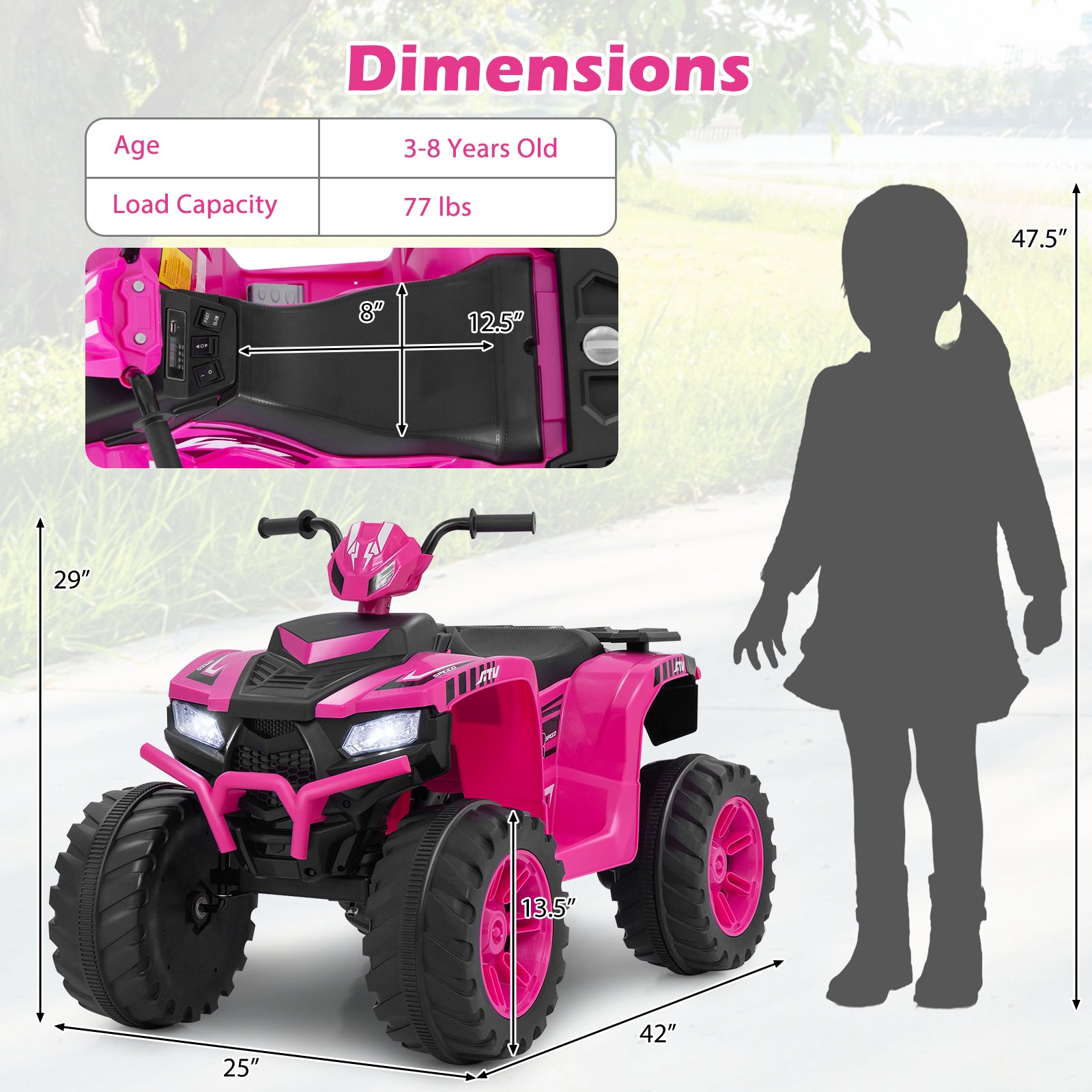 24V Kids Ride-On Electric ATV with Wireless Connection for Toddlers 3-8 Years Old, Pink Powered Ride On Toys at Gallery Canada