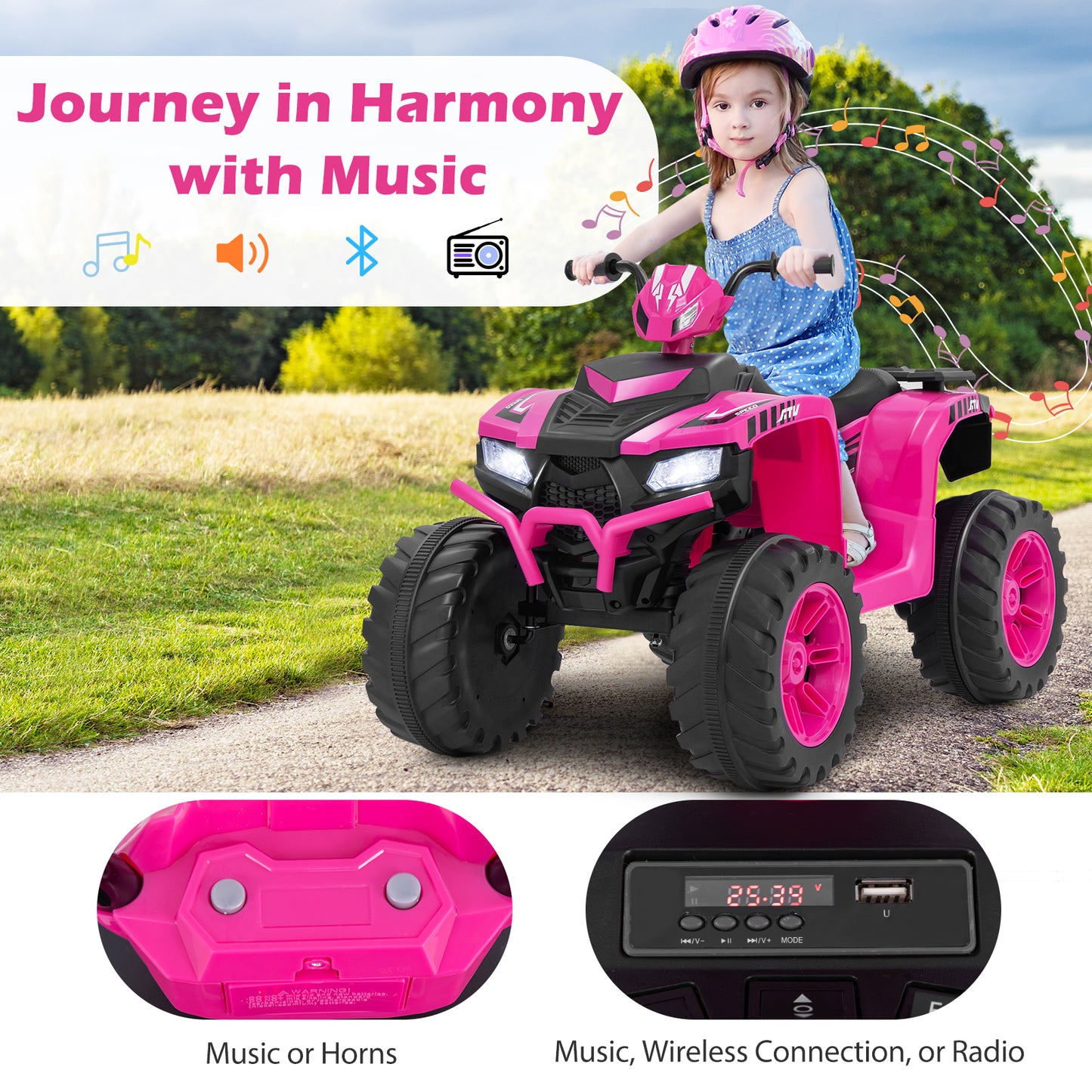 24V Kids Ride-On Electric ATV with Wireless Connection for Toddlers 3-8 Years Old, Pink Powered Ride On Toys at Gallery Canada