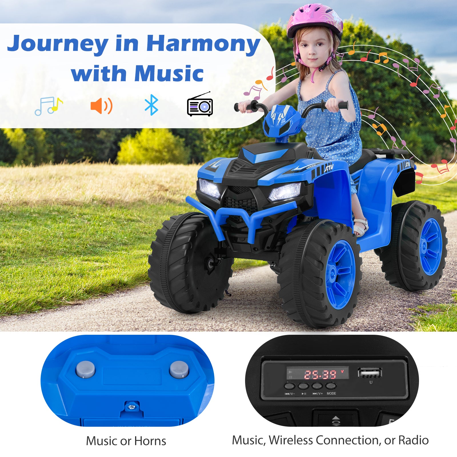 24V Kids Ride-On Electric ATV with Wireless Connection for Toddlers 3-8 Years Old, Blue Powered Ride On Toys at Gallery Canada