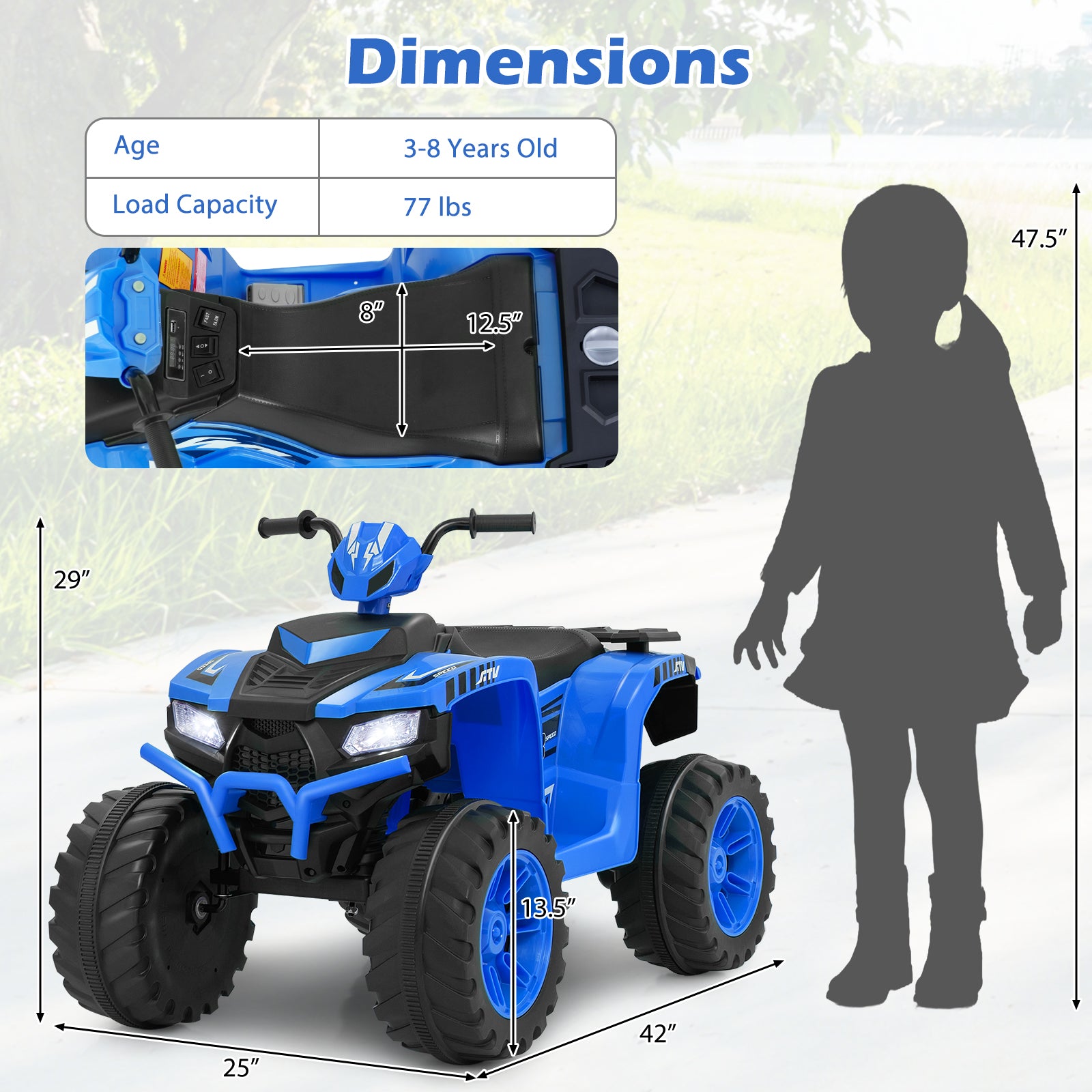 24V Kids Ride-On Electric ATV with Wireless Connection for Toddlers 3-8 Years Old, Blue Powered Ride On Toys at Gallery Canada