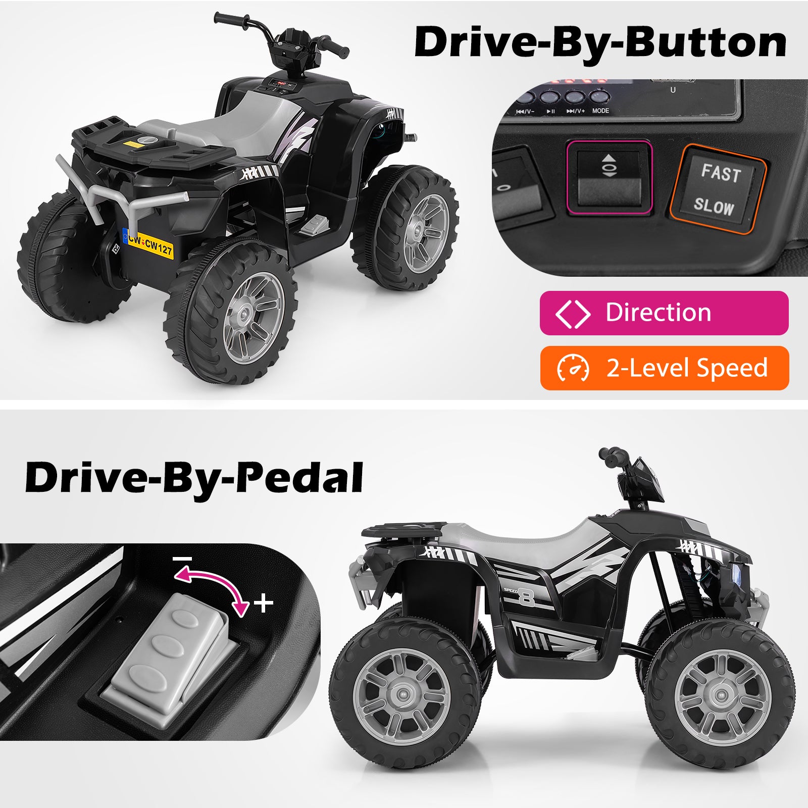 24V Kids Ride-On Electric ATV with Wireless Connection for Toddlers 3-8 Years Old, Black Powered Ride On Toys at Gallery Canada