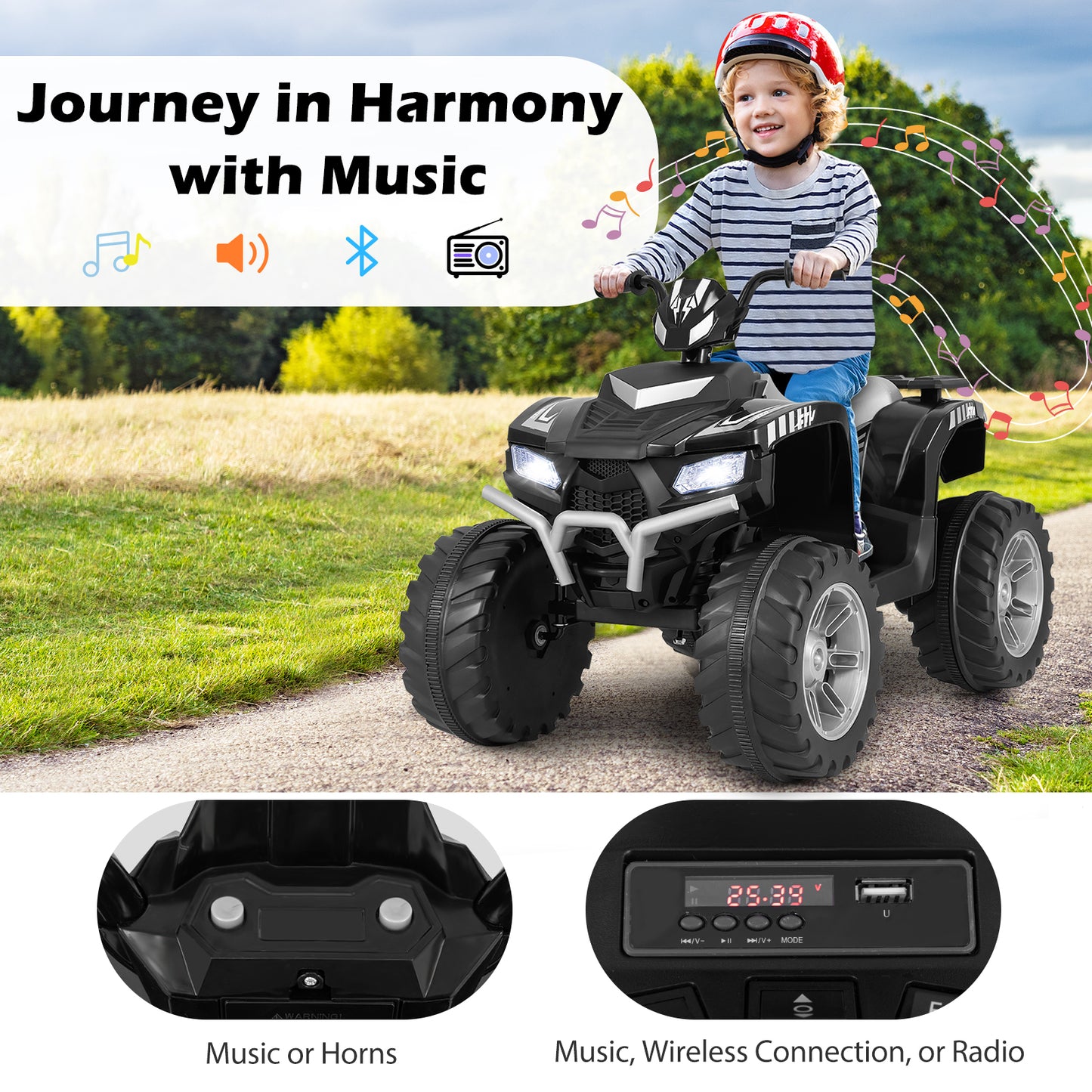 24V Kids Ride-On Electric ATV with Wireless Connection for Toddlers 3-8 Years Old, Black Powered Ride On Toys at Gallery Canada