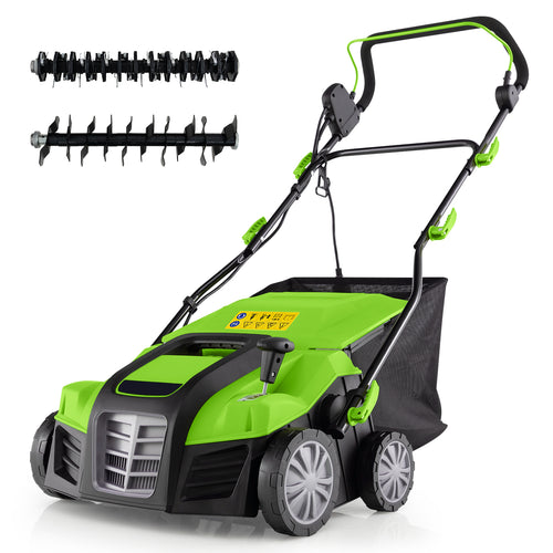 16-Inch Electric Lawn Dethatcher and Scarifier with Collection Bag, Green