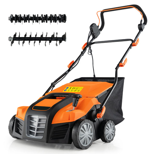 16-Inch Electric Lawn Dethatcher, Scarifier With Collection Bag, Orange