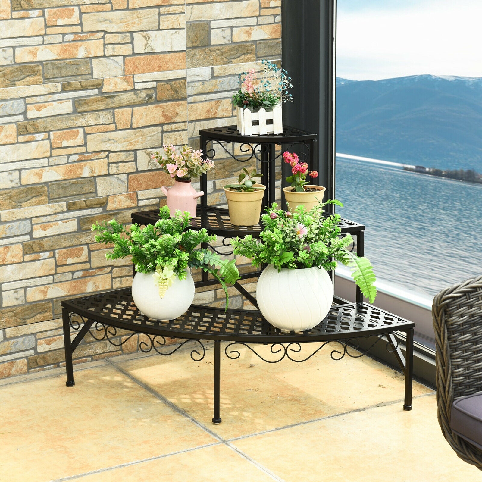 3 Tier Metal Corner Plant Display Rack, Black Plant Stands at Gallery Canada