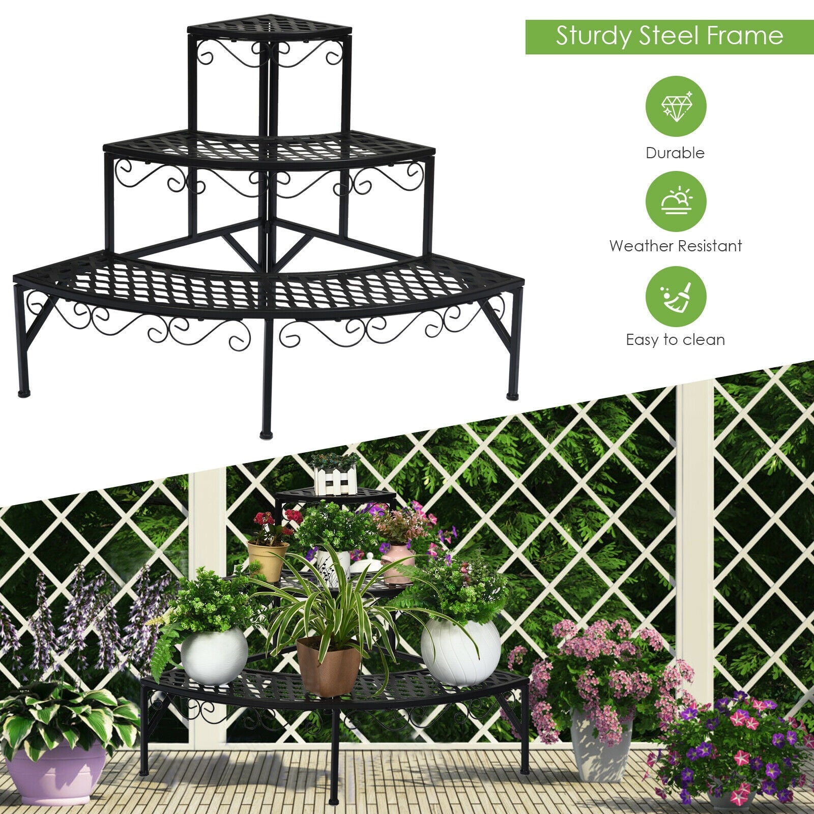 3 Tier Metal Corner Plant Display Rack, Black Plant Stands at Gallery Canada