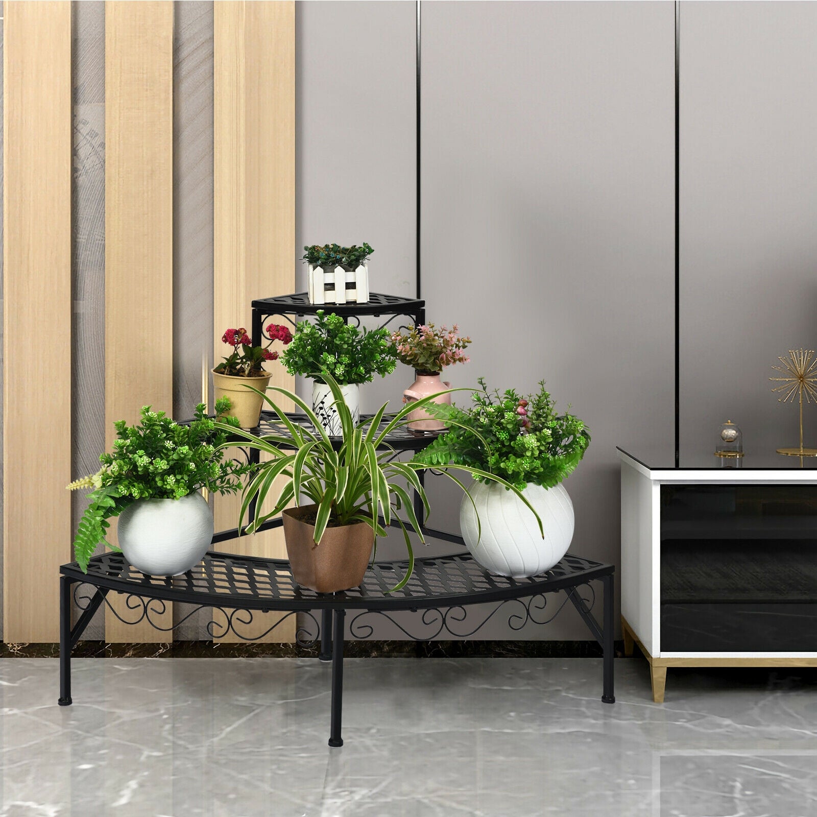 3 Tier Metal Corner Plant Display Rack, Black Plant Stands at Gallery Canada