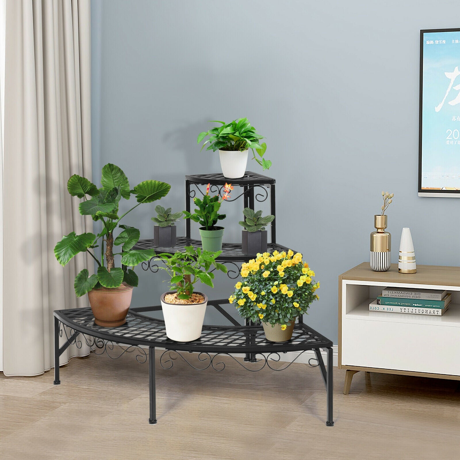 3 Tier Metal Corner Plant Display Rack, Black Plant Stands at Gallery Canada