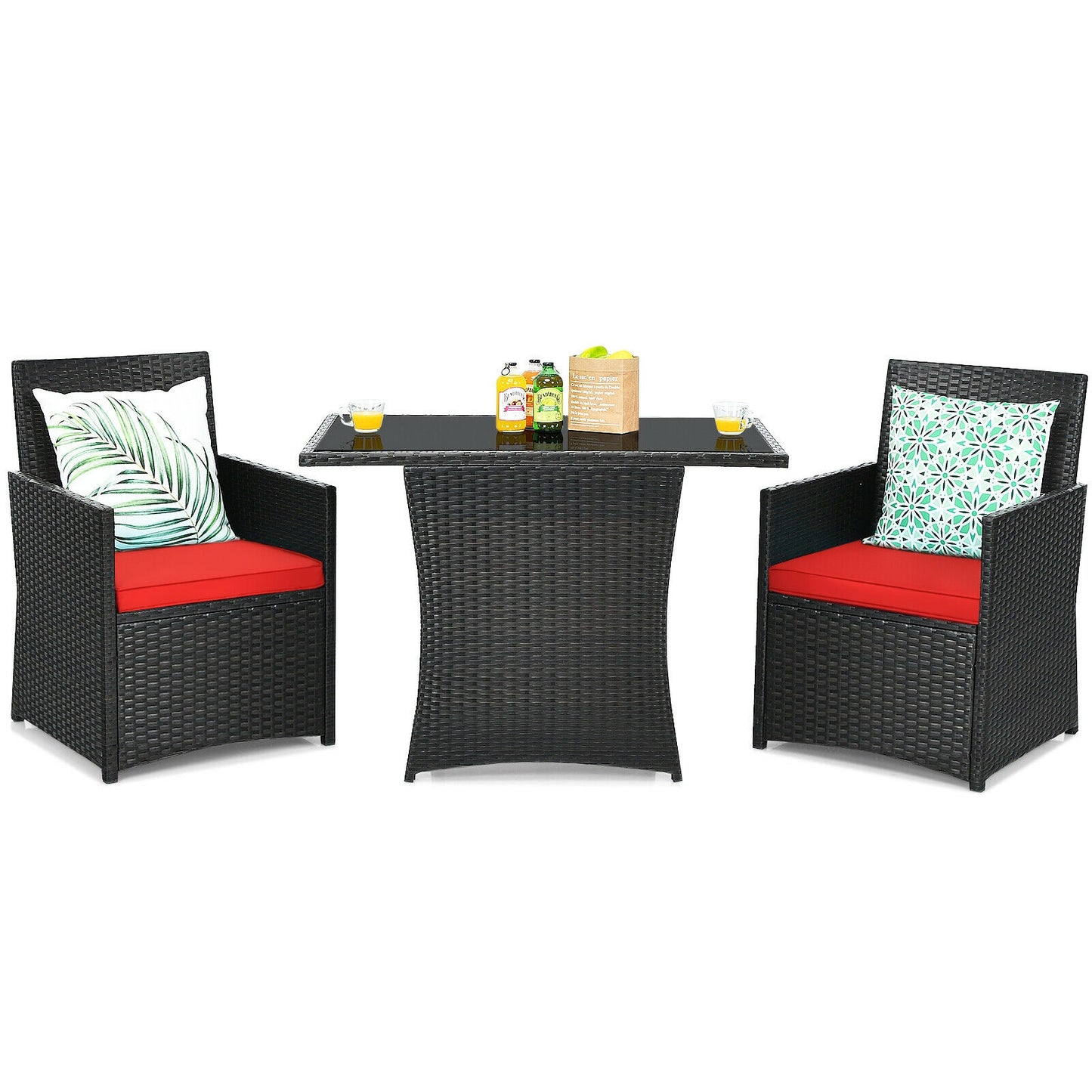 3 Pieces Patio Rattan Furniture Set with Cushion and Sofa Armrest, Red Patio Conversation Sets Red at Gallery Canada