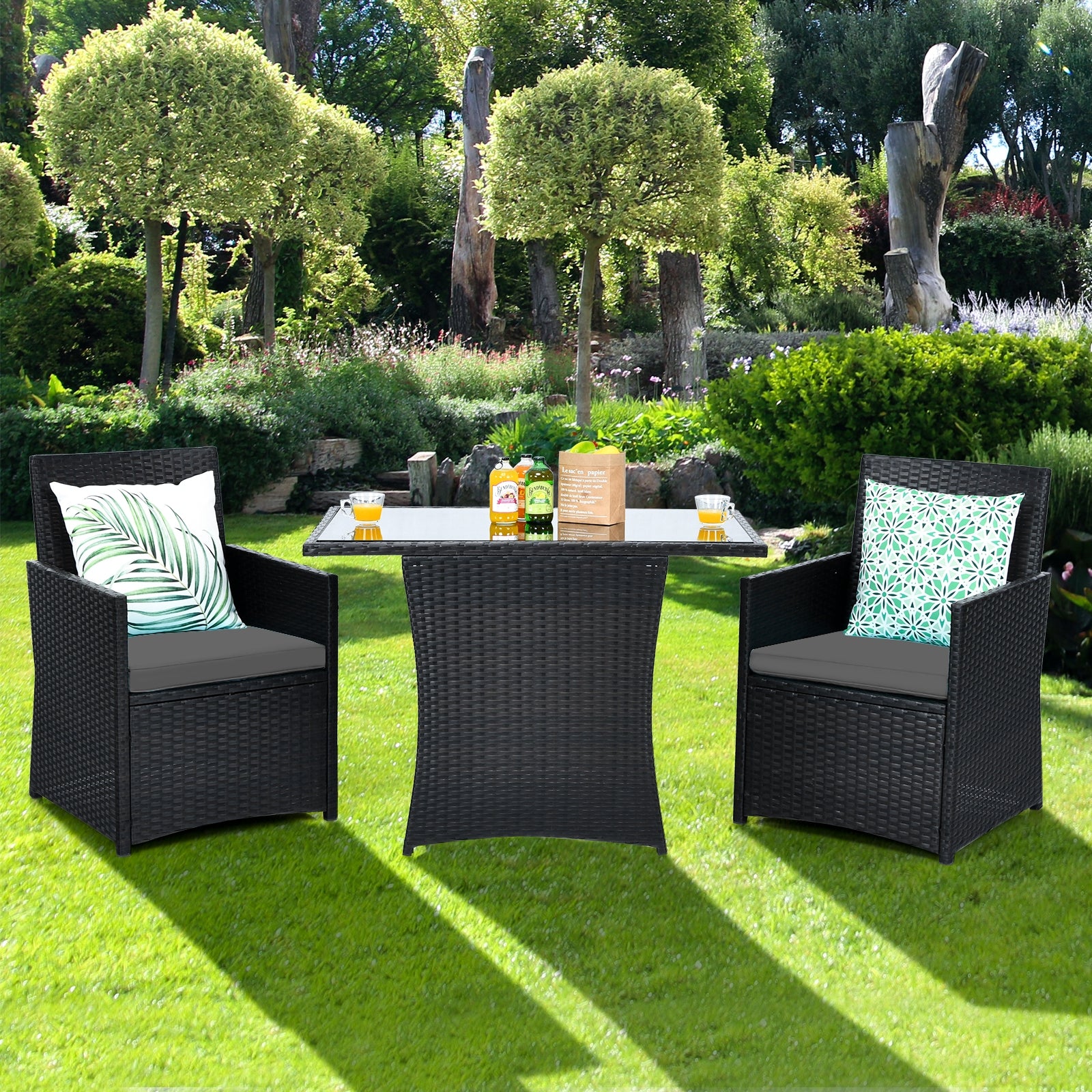3 Pieces Patio Rattan Furniture Set with Cushion and Sofa Armrest, Gray Patio Conversation Sets at Gallery Canada