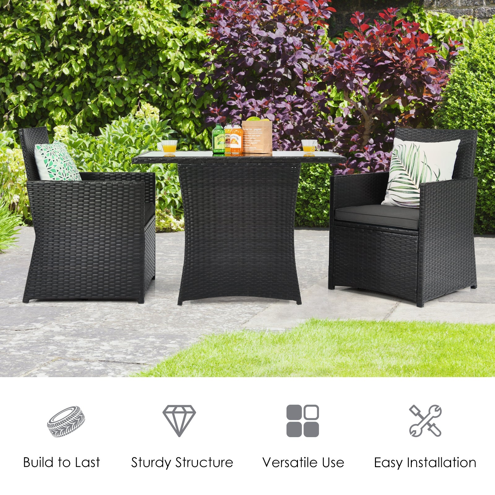 3 Pieces Patio Rattan Furniture Set with Cushion and Sofa Armrest, Gray Patio Conversation Sets at Gallery Canada