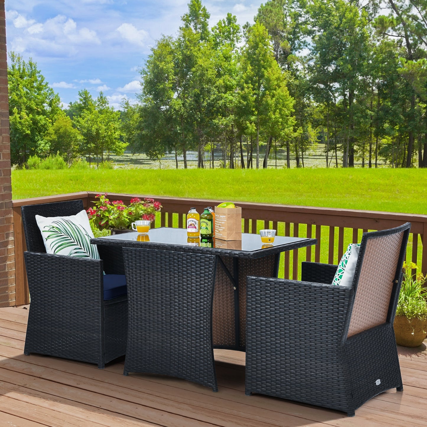 3 Pieces Patio Rattan Furniture Set with Cushion and Sofa Armrest, Navy Patio Conversation Sets at Gallery Canada