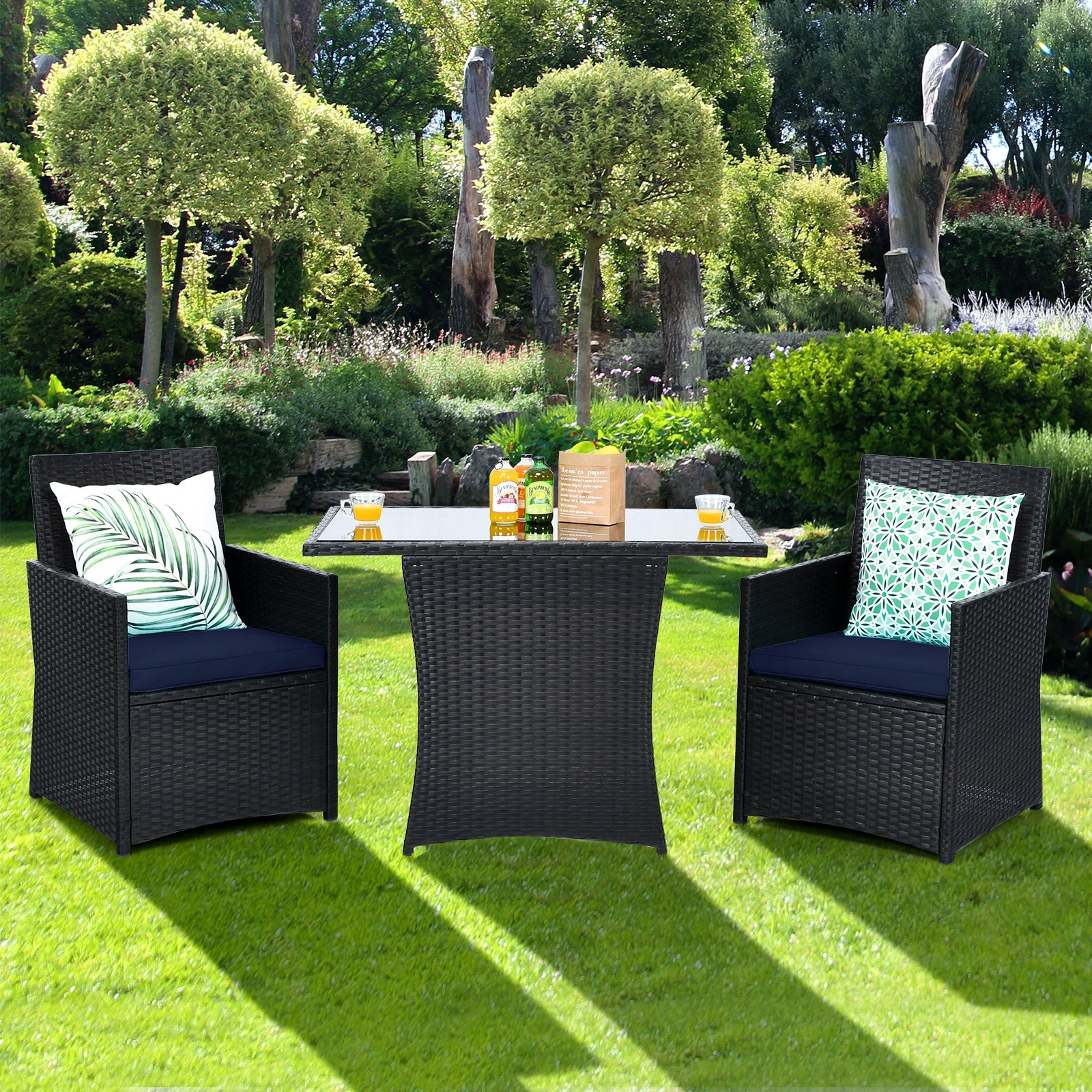 3 Pieces Patio Rattan Furniture Set with Cushion and Sofa Armrest, Navy Patio Conversation Sets at Gallery Canada