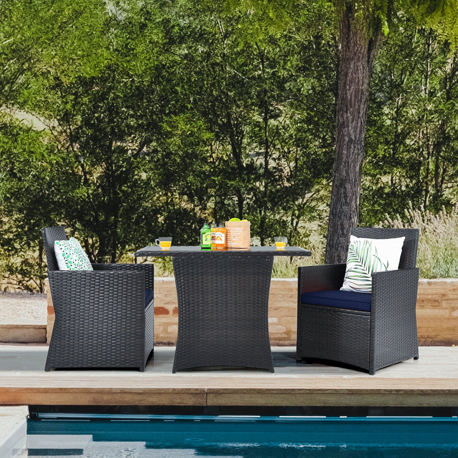 3 Pieces Patio Rattan Furniture Set with Cushion and Sofa Armrest, Navy Patio Conversation Sets at Gallery Canada