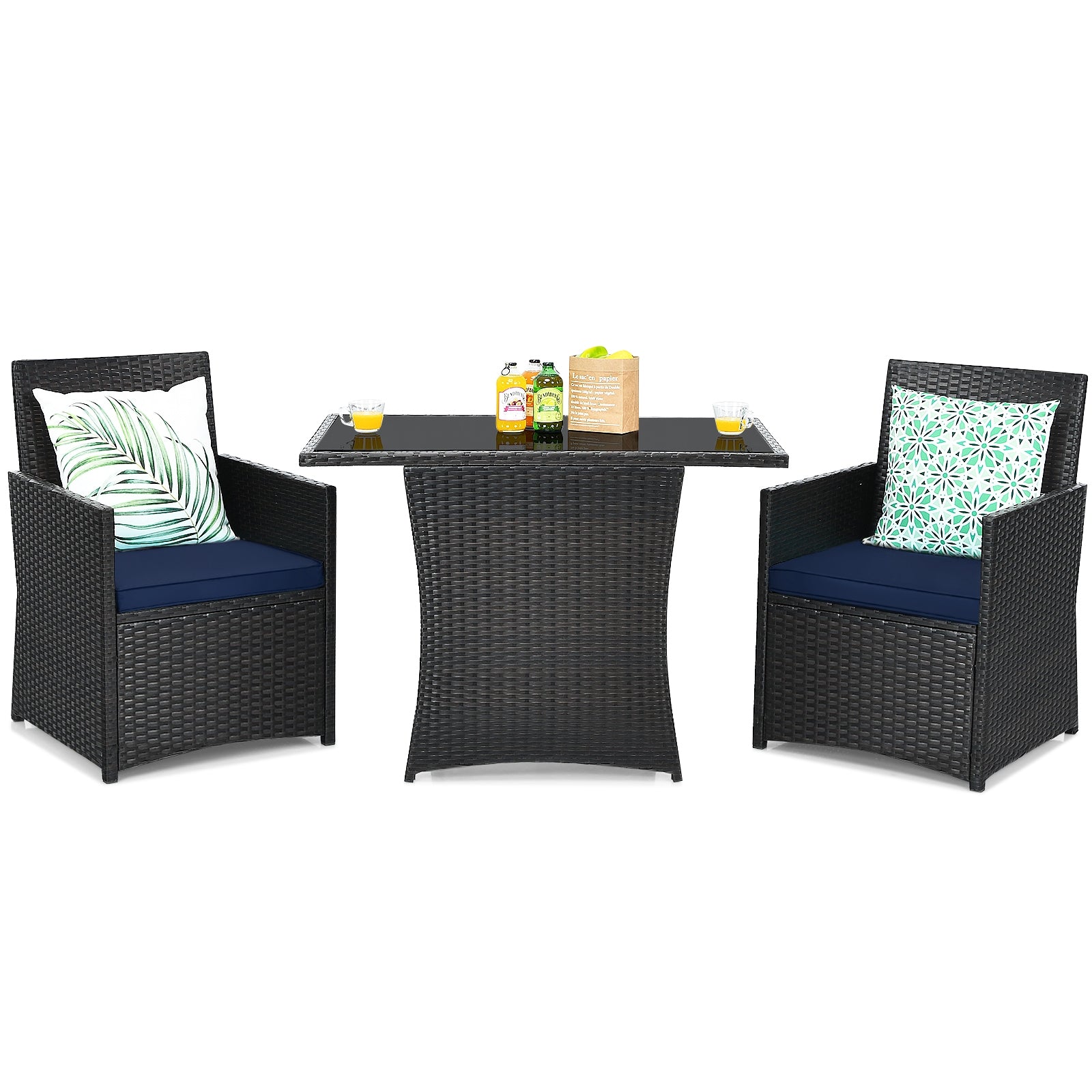 3 Pieces Patio Rattan Furniture Set with Cushion and Sofa Armrest, Navy Patio Conversation Sets at Gallery Canada