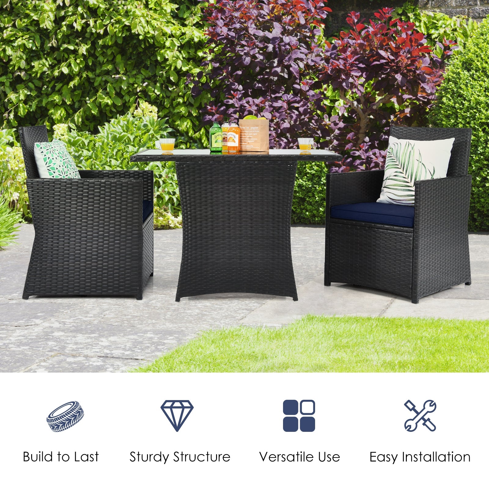 3 Pieces Patio Rattan Furniture Set with Cushion and Sofa Armrest, Navy Patio Conversation Sets at Gallery Canada