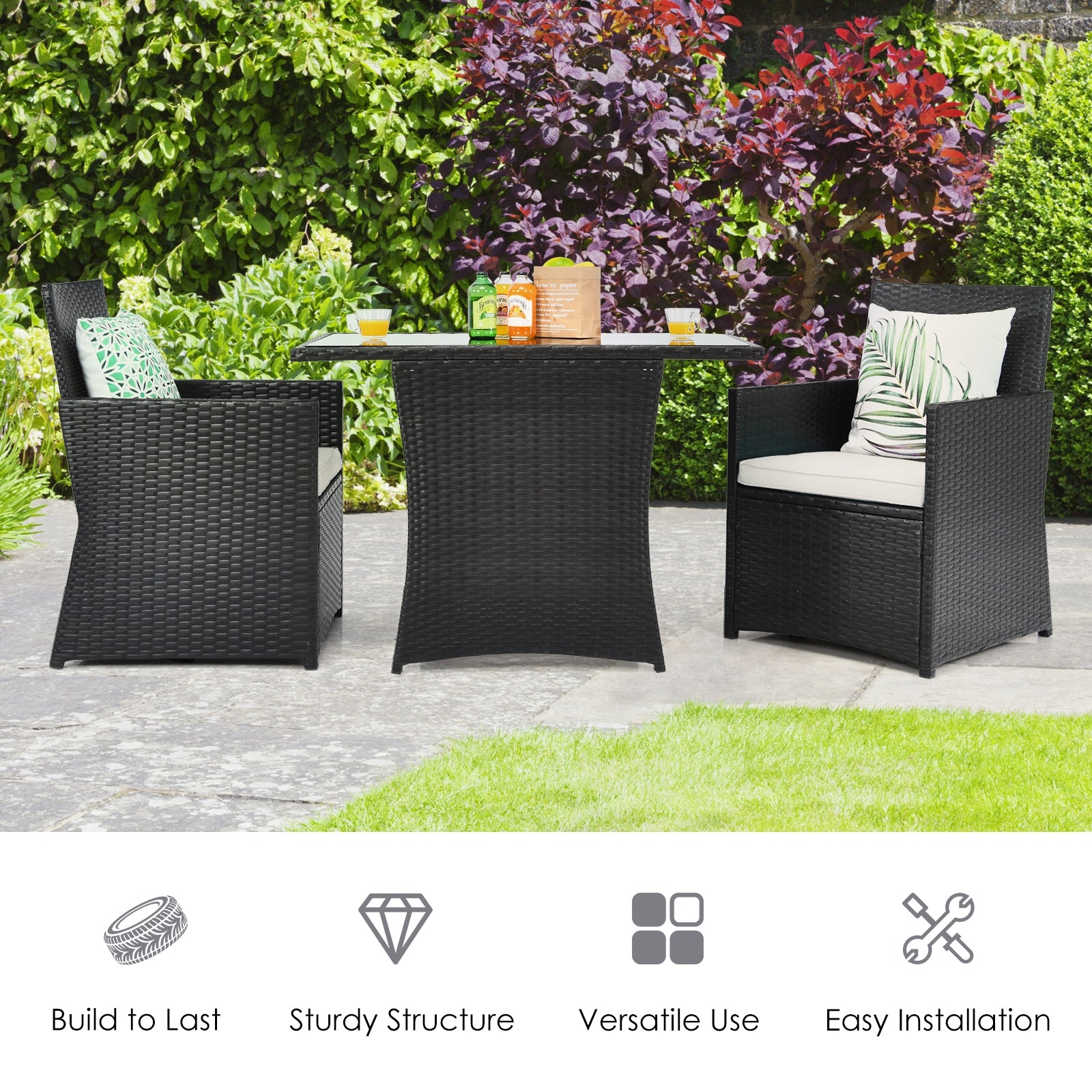 3 Pieces Patio Rattan Furniture Set with Cushion and Sofa Armrest, White Patio Conversation Sets at Gallery Canada