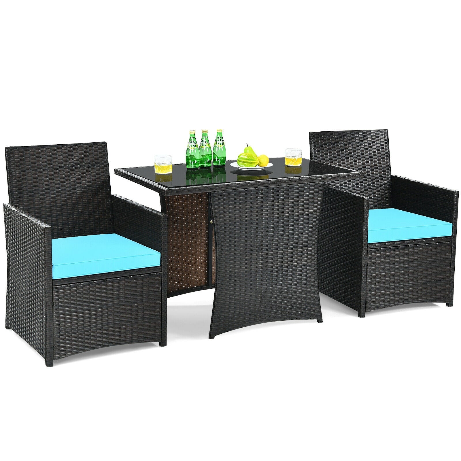 3 Pieces Patio Rattan Furniture Set with Cushion and Sofa Armrest, Turquoise Patio Conversation Sets at Gallery Canada