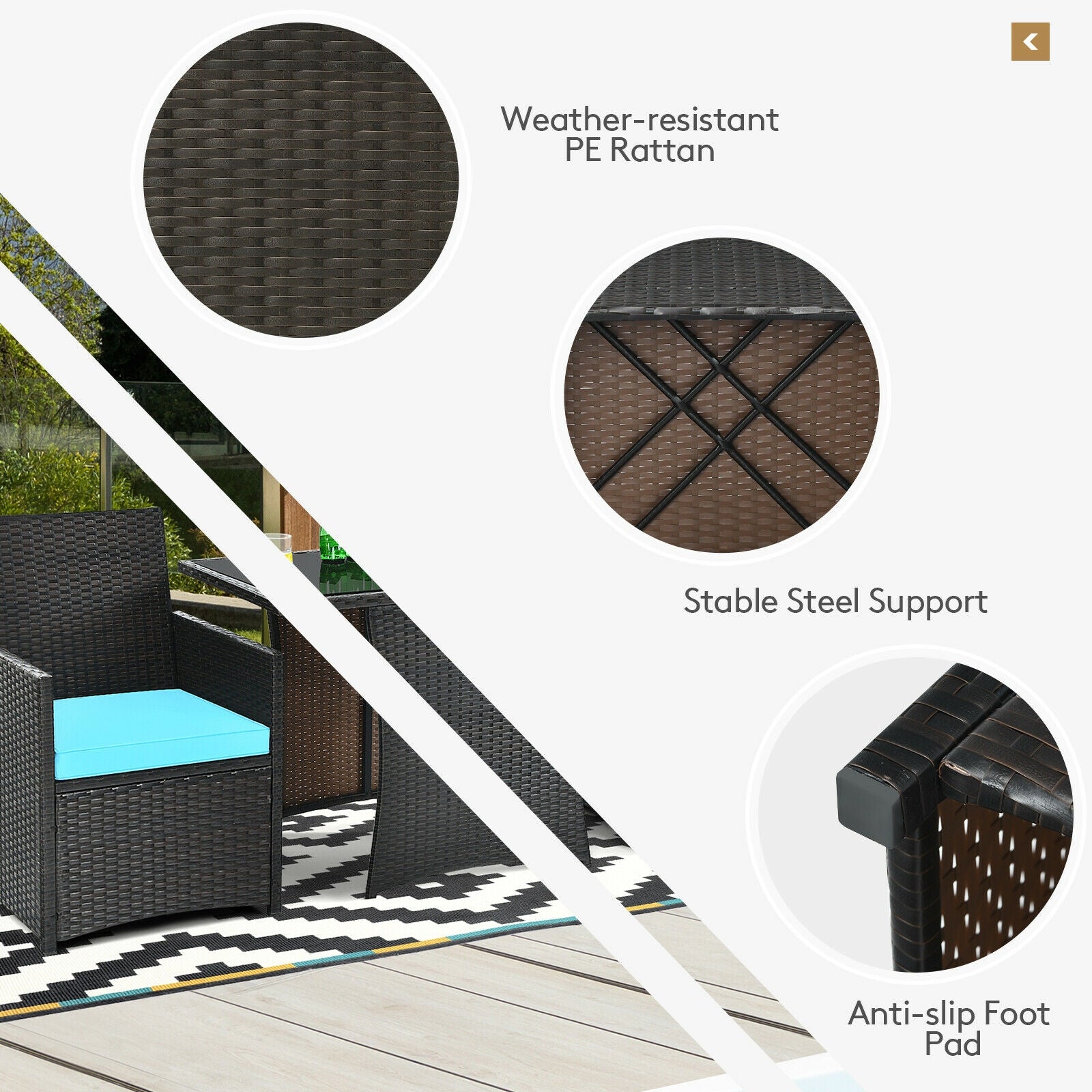 3 Pieces Patio Rattan Furniture Set with Cushion and Sofa Armrest, Turquoise Patio Conversation Sets at Gallery Canada