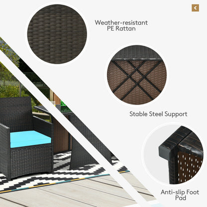 3 Pieces Patio Rattan Furniture Set with Cushion and Sofa Armrest, Turquoise Patio Conversation Sets at Gallery Canada