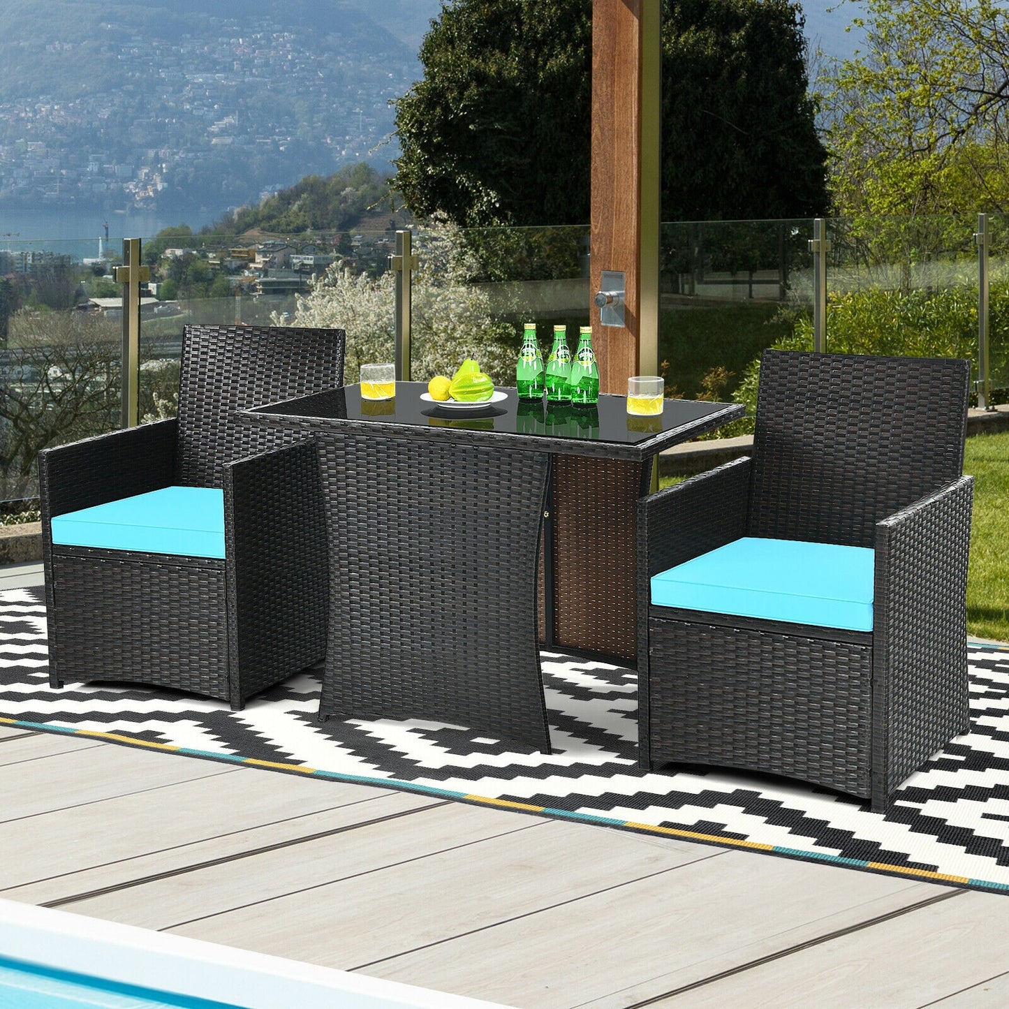 3 Pieces Patio Rattan Furniture Set with Cushion and Sofa Armrest, Turquoise Patio Conversation Sets at Gallery Canada