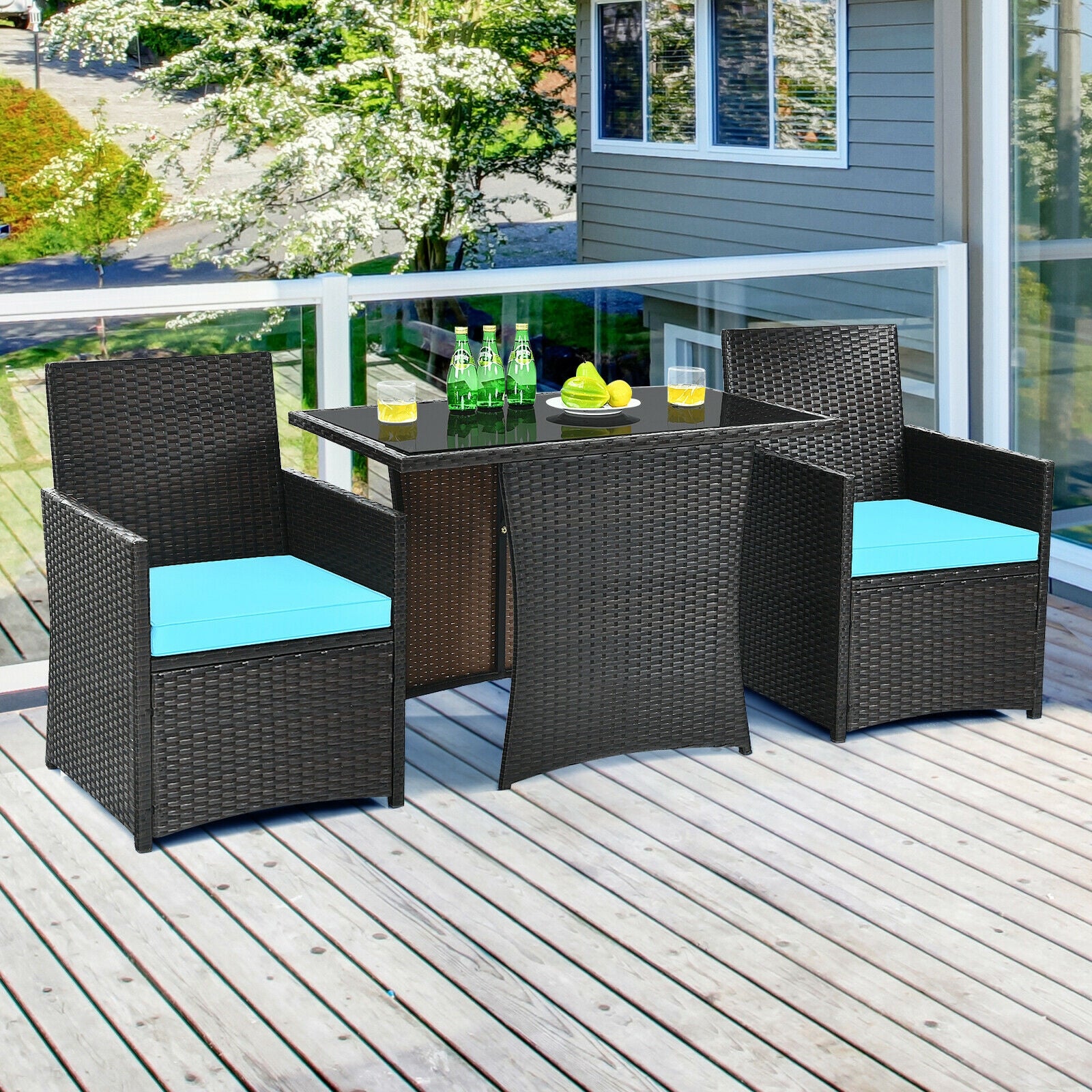 3 Pieces Patio Rattan Furniture Set with Cushion and Sofa Armrest, Turquoise Patio Conversation Sets at Gallery Canada
