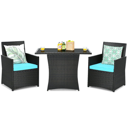 3-Piece Patio Rattan Furniture Set With Cushion, Turquoise