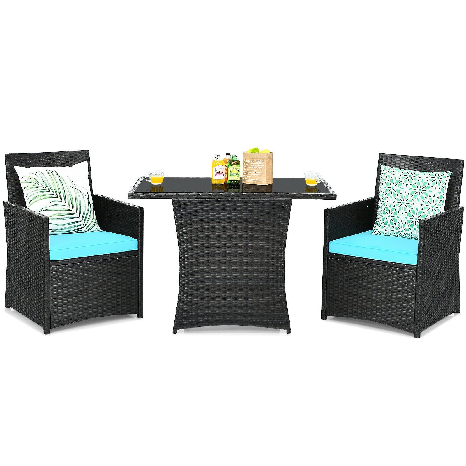 3 Pieces Patio Rattan Furniture Set with Cushion and Sofa Armrest, Turquoise Patio Conversation Sets at Gallery Canada