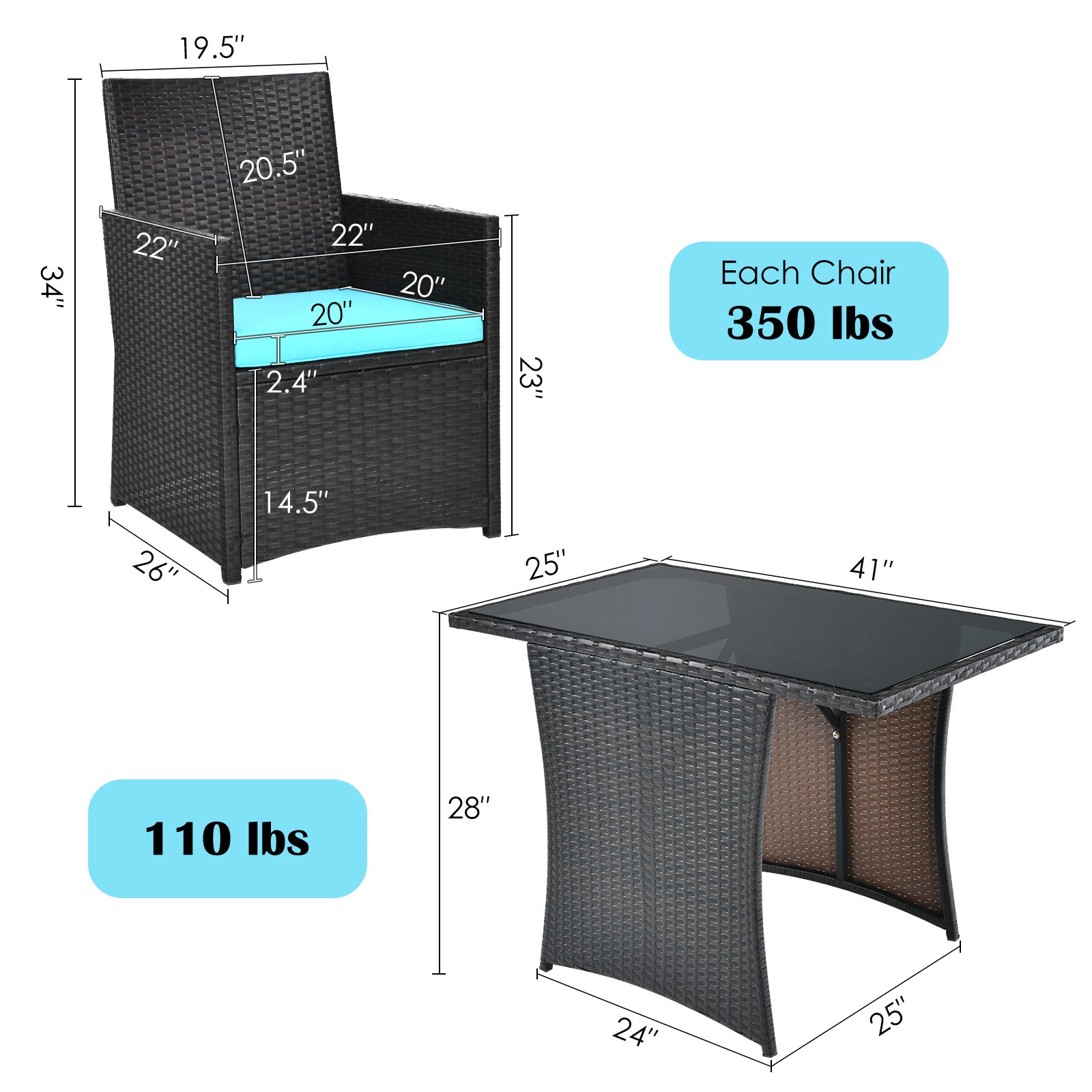 3 Pieces Patio Rattan Furniture Set with Cushion and Sofa Armrest, Turquoise Patio Conversation Sets at Gallery Canada