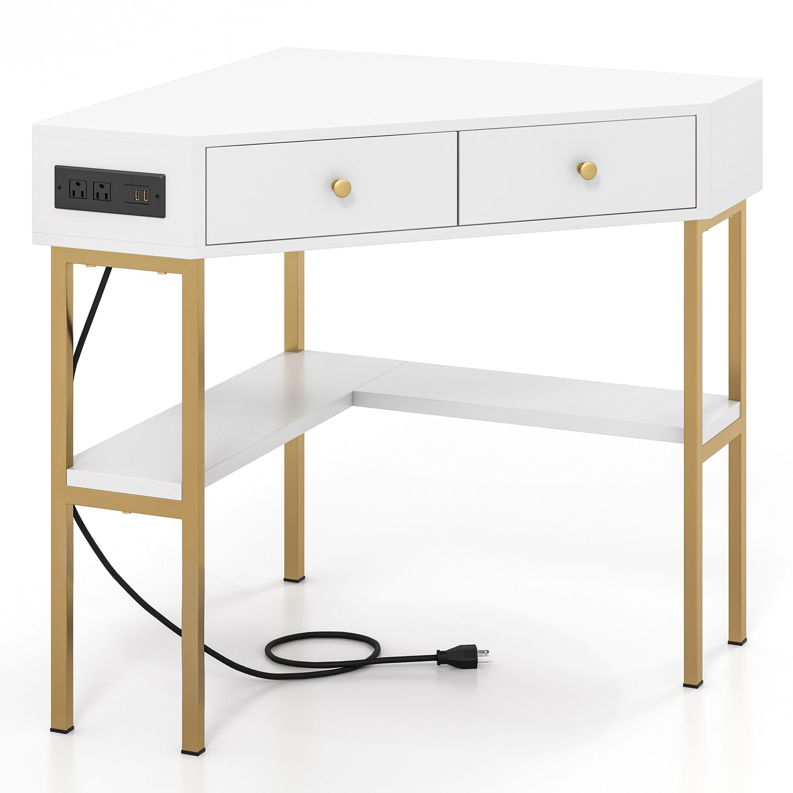Triangle Corner Desk, Charging Station, 2 Drawers, Storage Shelf, White Corner Desks at Gallery Canada