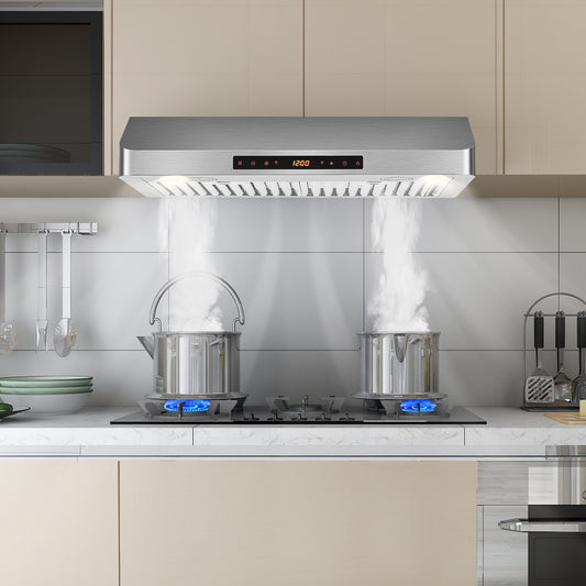 35.5/29.5 Inch Under Cabinet Range Hood 900 CFM Kitchen Vent with 4 Fan Speed-29.5 inches, Silver Kitchen Appliances Silver at Gallery Canada